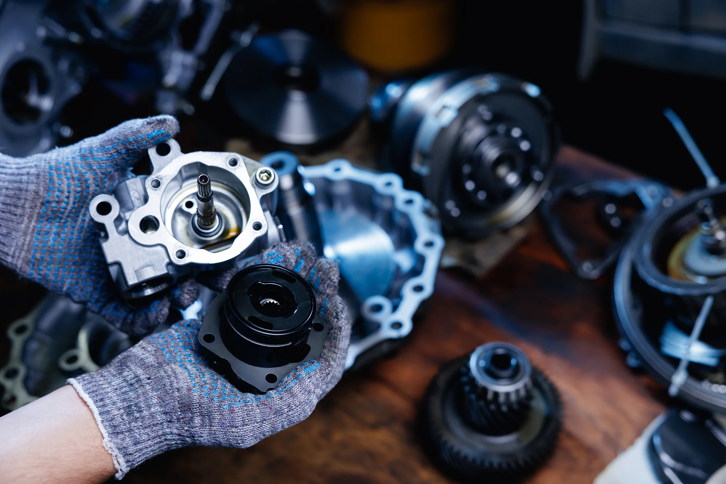 A gloved hand inspecting a metal transmission component